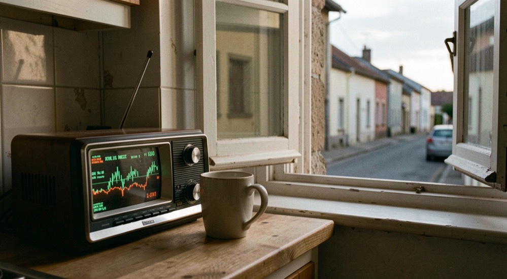 Kitchen radio receiving a slightly noisy local broadcast beside a mug and an open window onto a small town main street in early evening light