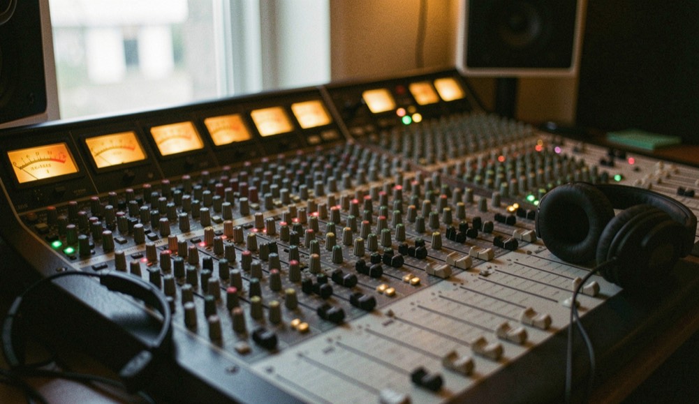 Community radio studio console at night with a mixer full of lit channel faders, an amber VU meter glow and headphones resting on the desk