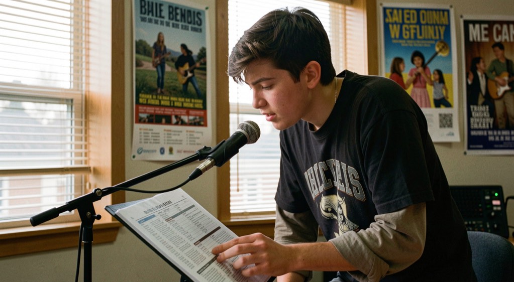 Student operator in a college studio leaning toward a microphone with a music log open, campus posters on the wall and dusk light through the window blinds