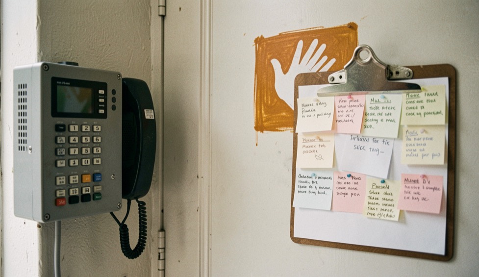 Studio intercom panel and a clipboard of message slips hanging beside a door marked with a hand painted on air sign in amber paint
