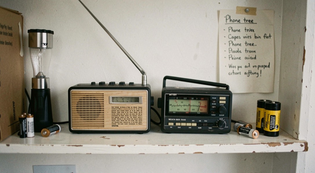 Battery radio and a weather radio receiver side by side on a shelf with a flashlight, spare batteries and a hand written phone tree taped to the wall