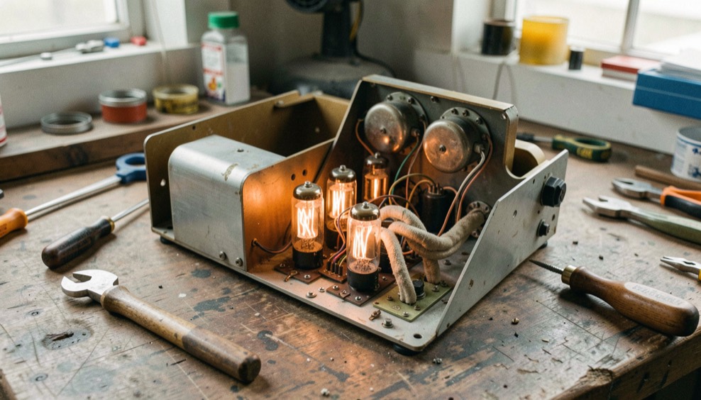 Vintage valve radio chassis open on a workbench with glowing tubes, cloth covered wiring and a leather punch tool resting beside the chassis