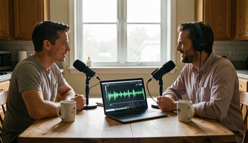 Two volunteers recording a talk show around a kitchen table microphone with coffee mugs, a laptop showing sound waves and a window with daylight behind them