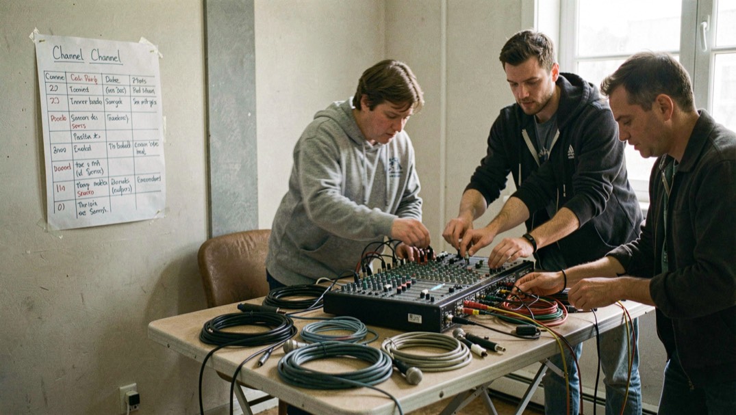 Volunteers wiring a small broadcast studio with a mixer on a folding table, coiled microphone cables and a hand written channel plan taped to the wall