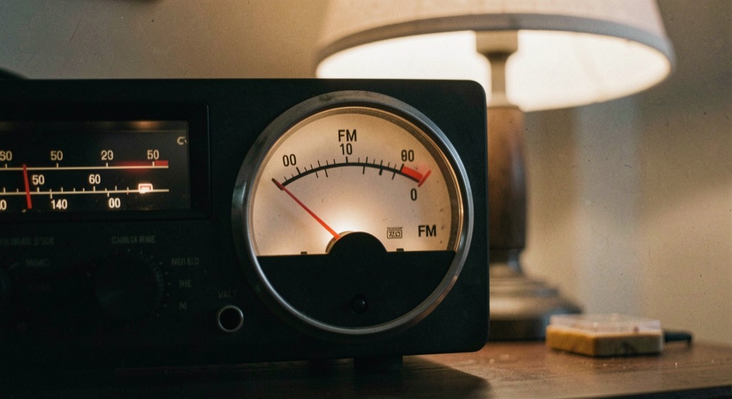 Round receiver dial lit in a dim room with the red tuning needle resting near the top of the FM band and a lamp behind it