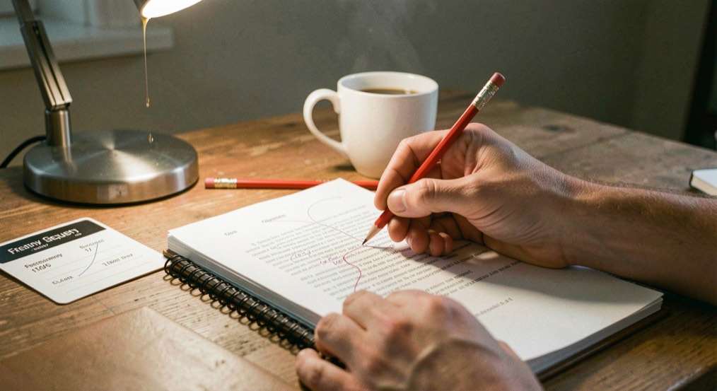 Longhand editing session with a marked up article proof, a red pencil, a frequency reference card and a cup of coffee under a desk lamp
