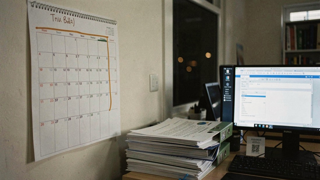 Wall calendar with a short week circled in amber marker beside a stack of prepared application binders and a computer screen showing a form in an office at night