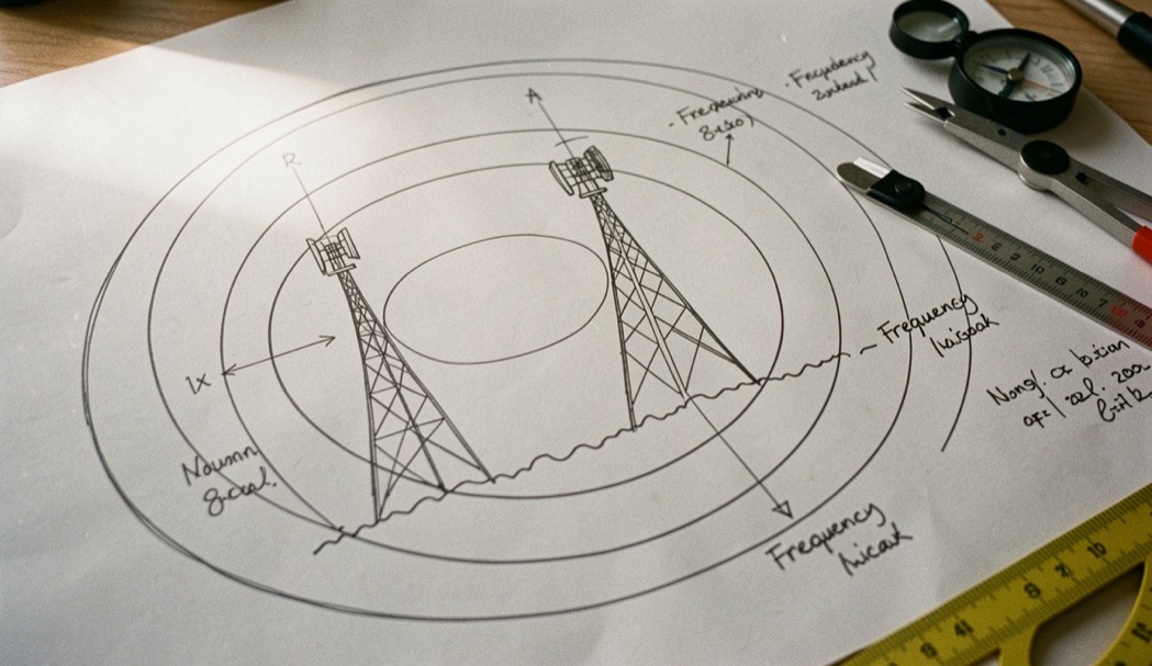 Engineering sketch of concentric protection circles around two broadcast towers with a compass, protractor and penciled frequency notes on drafting paper