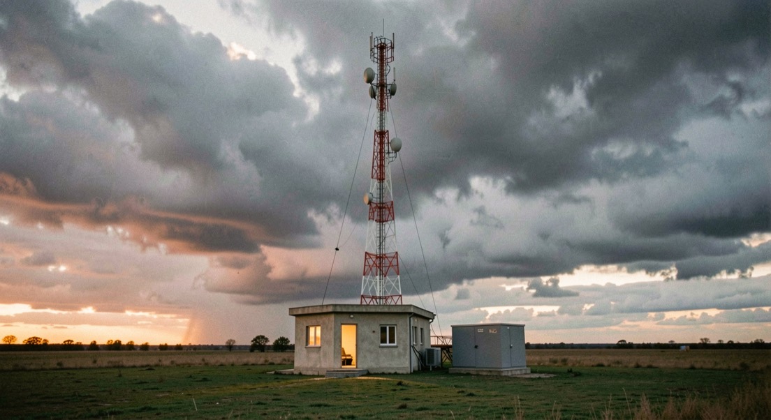 Tall guyed lattice broadcast tower over a flat field at dusk, with a small concrete transmitter building and a grey equipment cabinet beside it under storm clouds