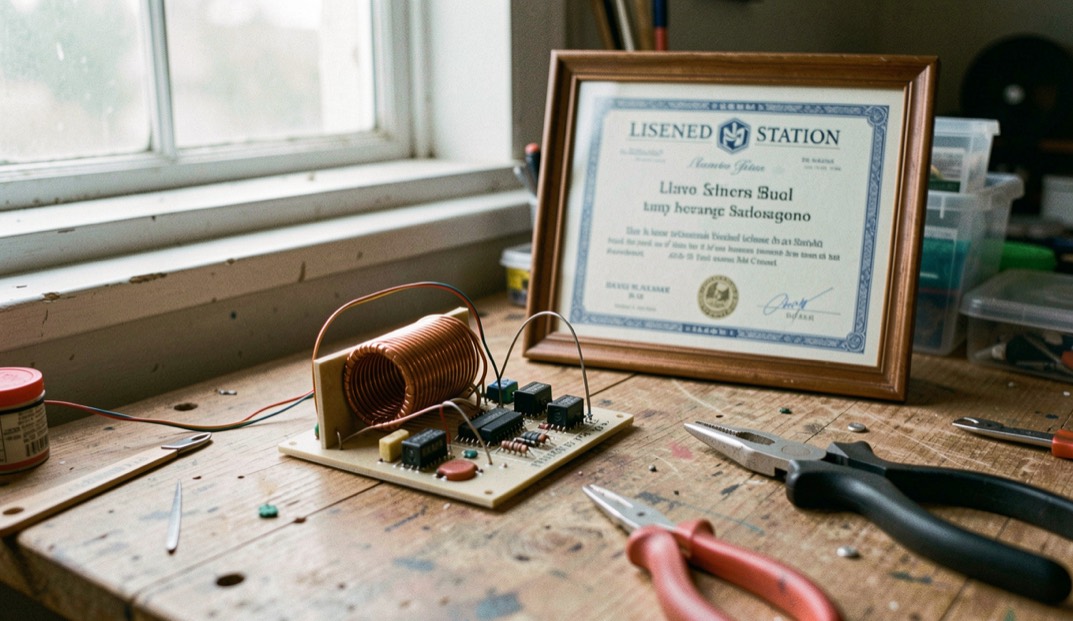 Handbuilt transmitter board with homemade coil and soldered wiring on a workbench beside a licensed station certificate in a frame and a pair of pliers