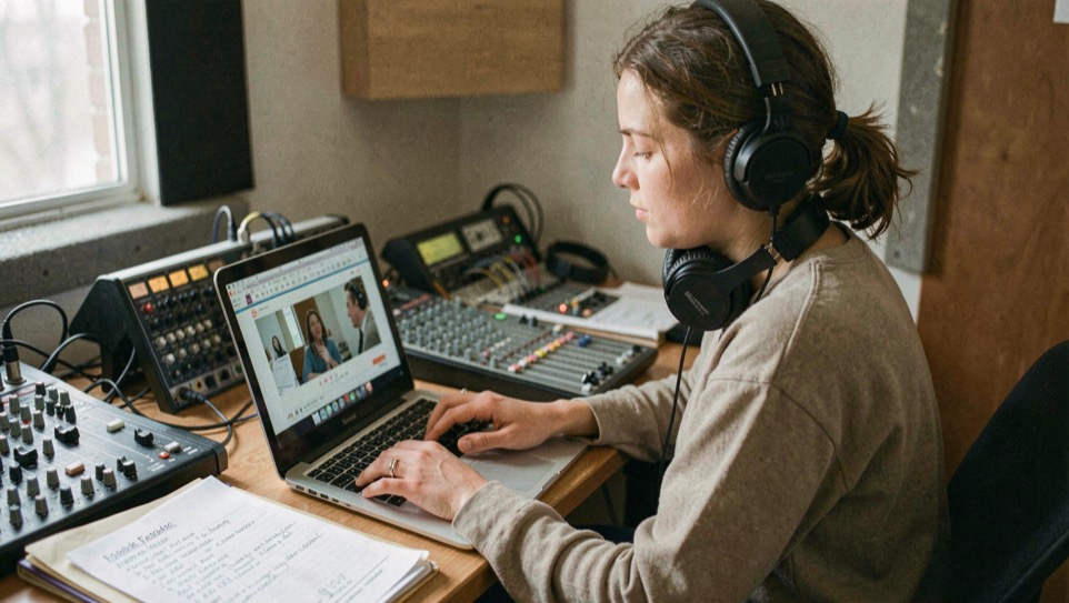 Volunteer editing a recorded interview on a laptop with headphones around her neck beside a broadcast mixer and a folder of episode notes in a small studio