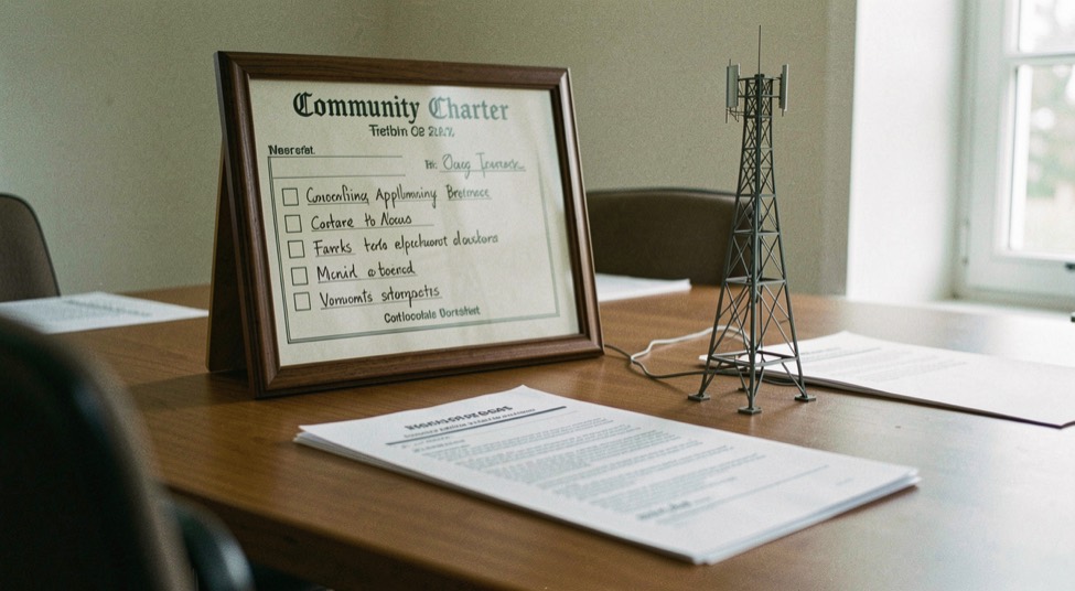 Scored application worksheet with tally marks beside a framed community charter and a small scale model of a radio mast on a meeting room table