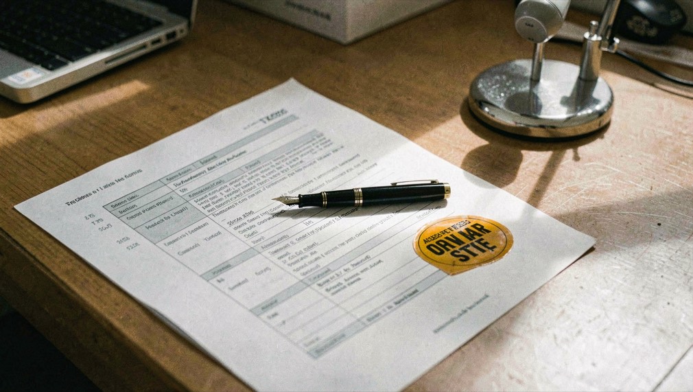 Contract pages squared on a desk with a fountain pen, an amber on air style label sticker and a small desk microphone casting a shadow