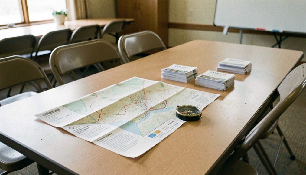 Folded frequency map, application notes and a compass on a community hall table surrounded by folding chairs and stacked volunteer name tags