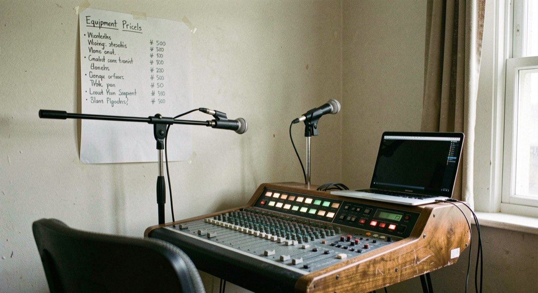 Compact volunteer studio with a secondhand mixing desk, two dynamic microphones on simple booms, a laptop and a handwritten equipment price list pinned to the wall
