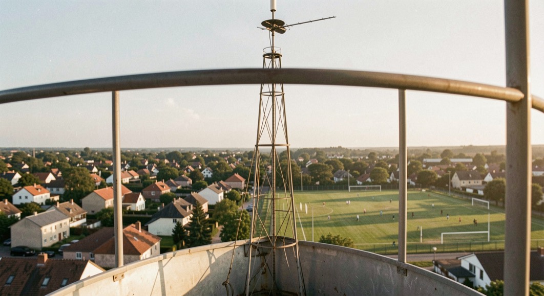 Small town viewed from a water tower at golden hour with rooftops and playing fields spread below the antenna of a community radio station