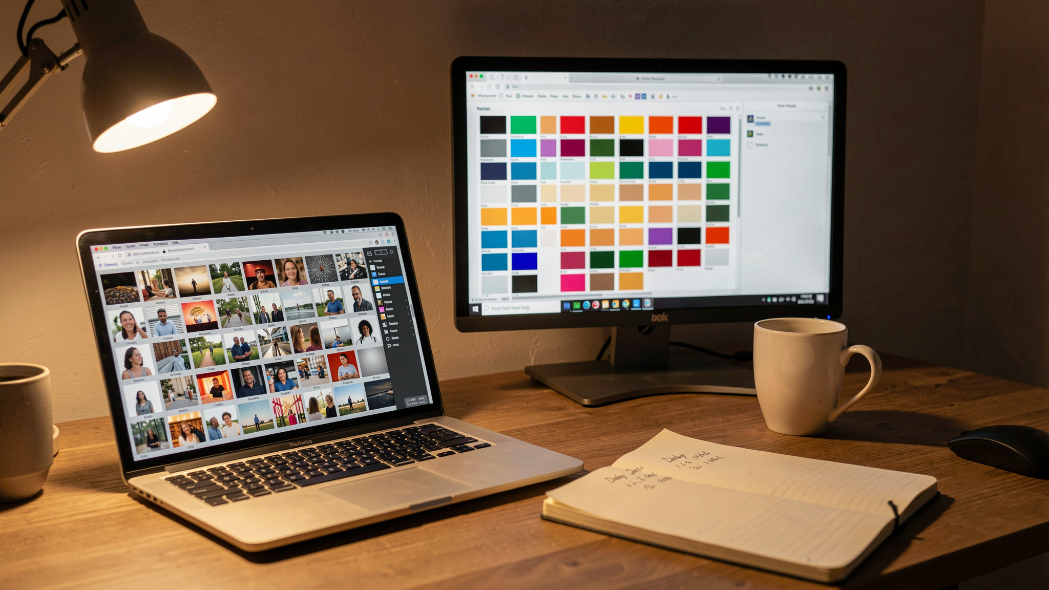 A developer's desk at night with a laptop showing a grid of GIF frames, a second monitor displaying a color palette swatch panel, a coffee cup and a notebook with handwritten delay values, warm desk lamp light from the left, medium shot from slightly above.