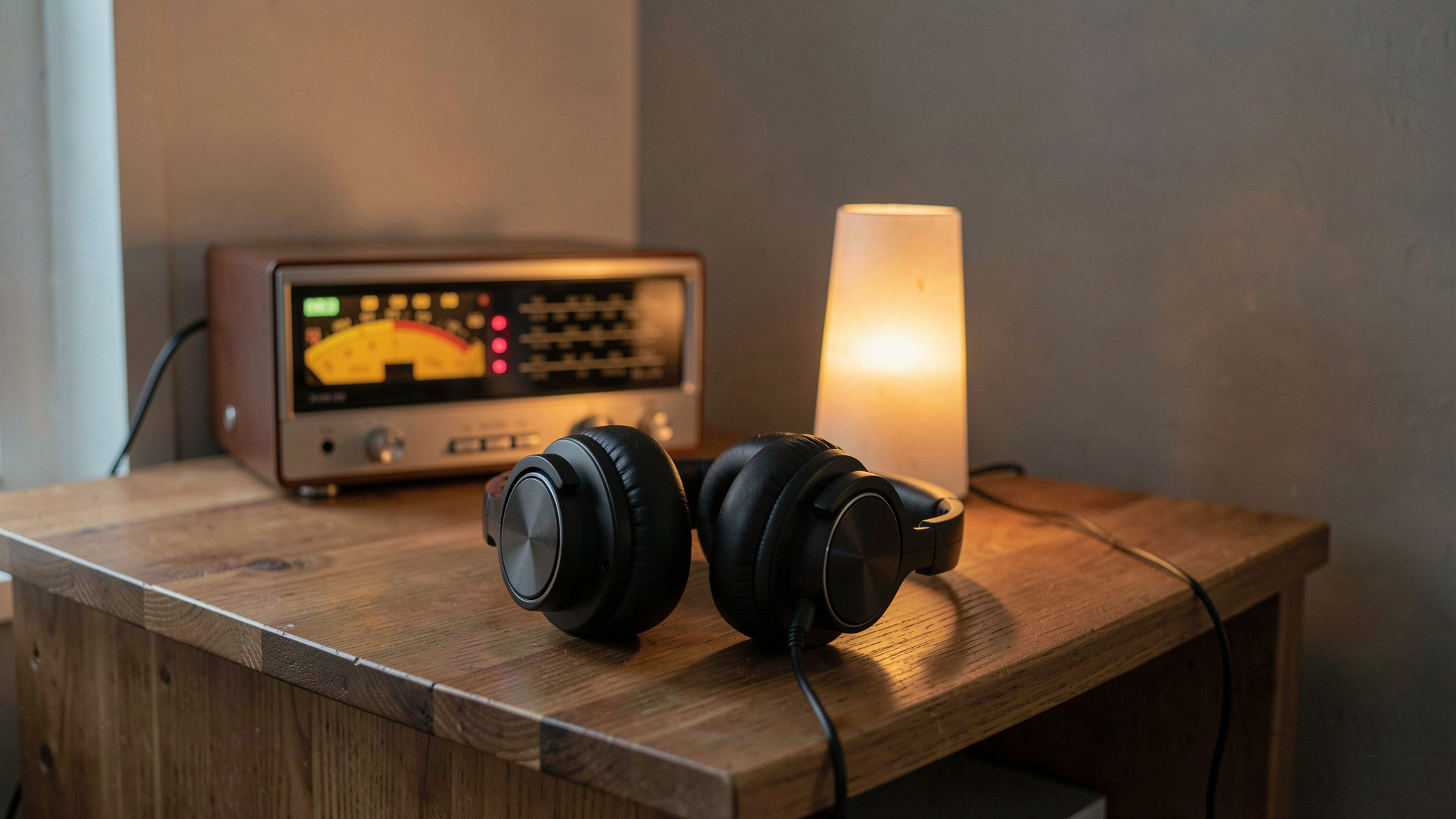 A pair of open-back headphones resting on a wooden side table beside a small radio, lit by a single warm lamp at night.